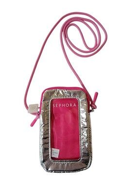 SEPHORA Puffy Water-Resistant Phone Makeup Pouch Crossbody Bag Pink Silver